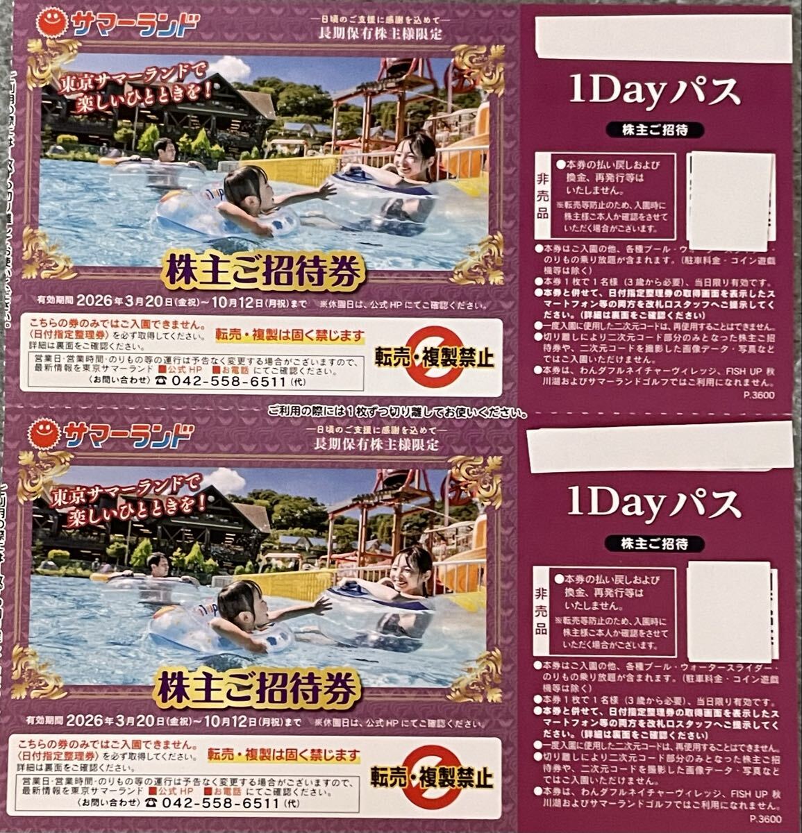 株主優待 東京サマーランド 1Dayパス 株主ご招待券　2枚　有効期限：2026年10月12日