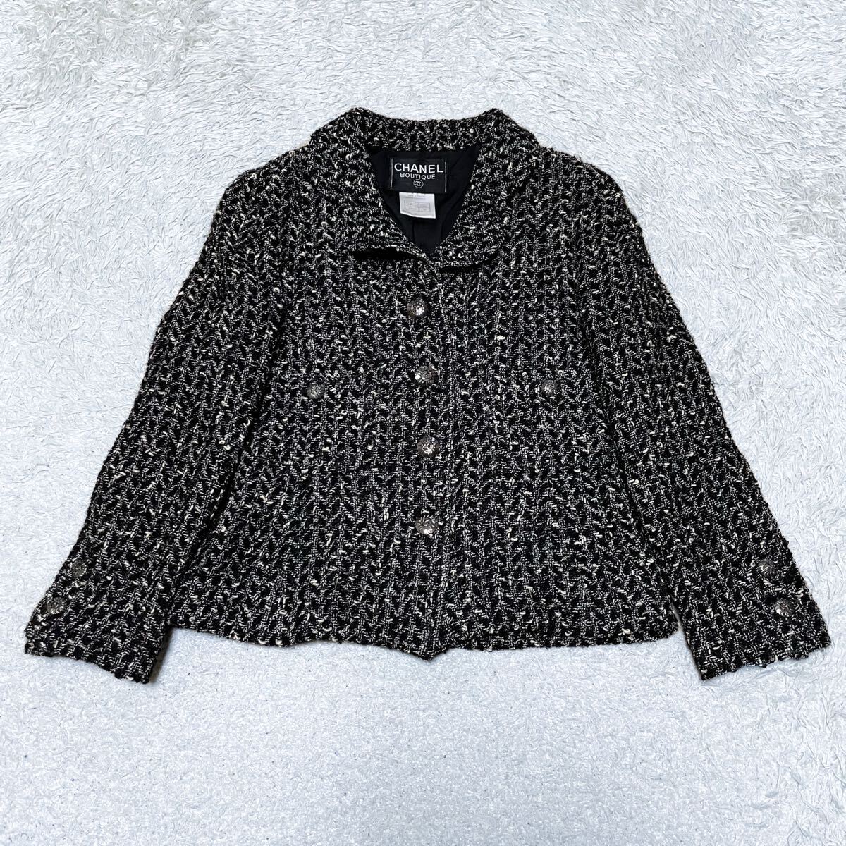 CHANEL シャネル 97A ツイード ジャケット アウター ココマーク ボタン P09586 サイズ38 ブラック ホワイトヴィンテージ 希少 入手困難