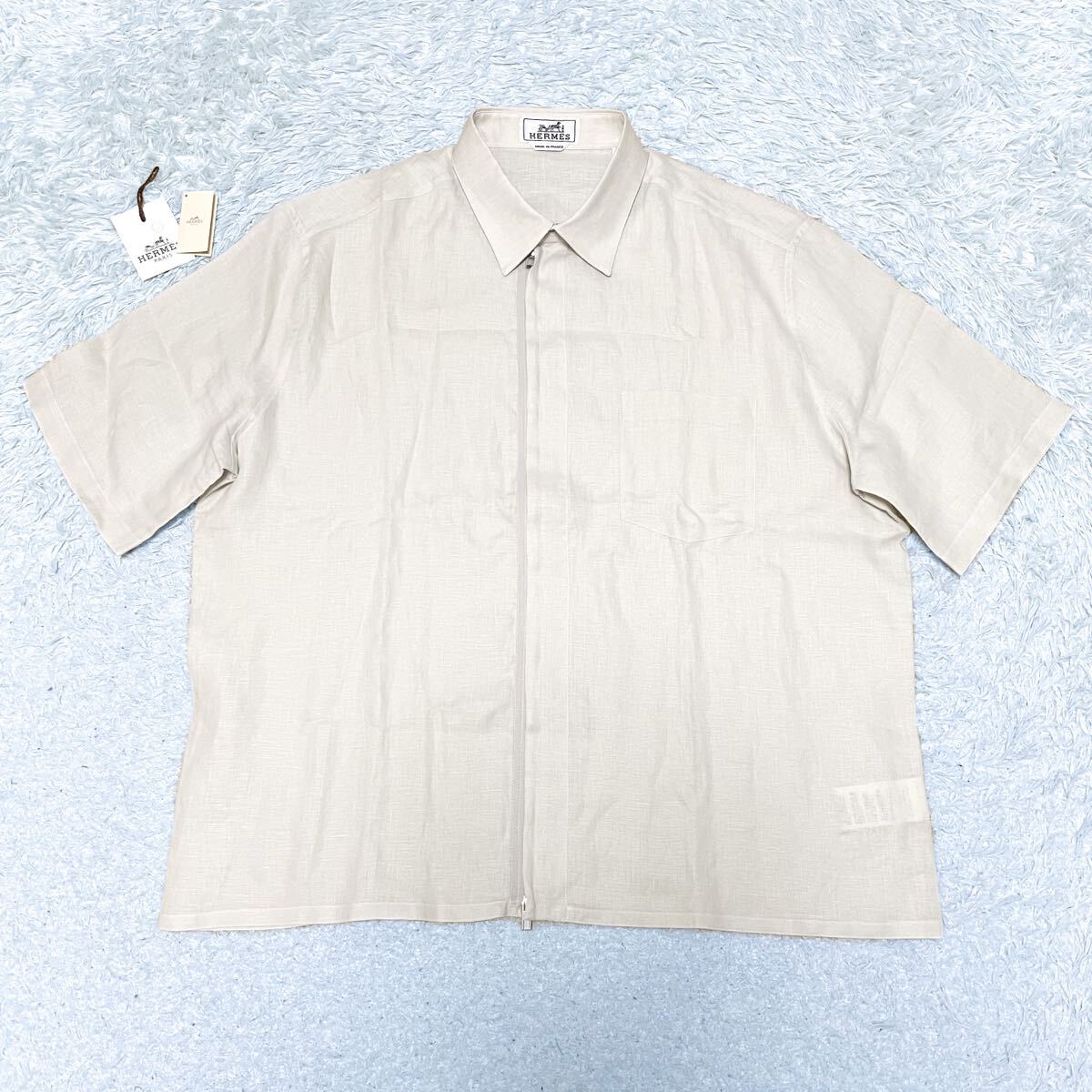 美品 HERMES エルメス リネン100% 半袖 ジップアップ シャツ トップス 麻 42 XL相当 ベージュ 生成り フランス製 メンズ タグ有 近年品