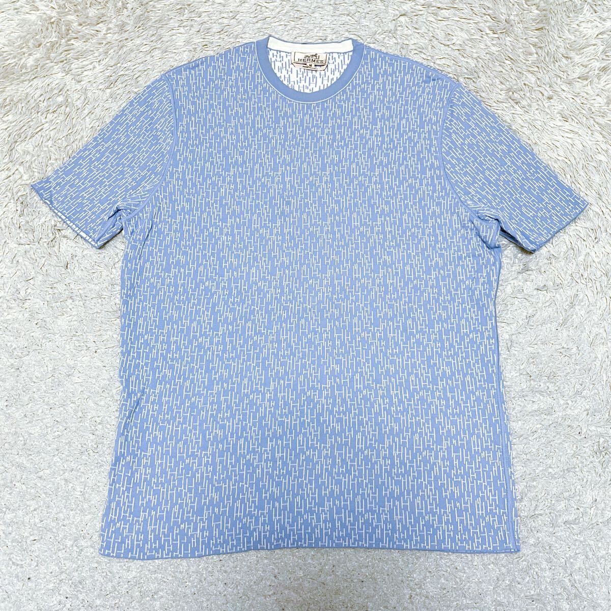 HERMES エルメス Hロゴ総柄 コットン ニット Tシャツ トップス カットソー ブルー ホワイト Mサイズ メンズ イタリア製