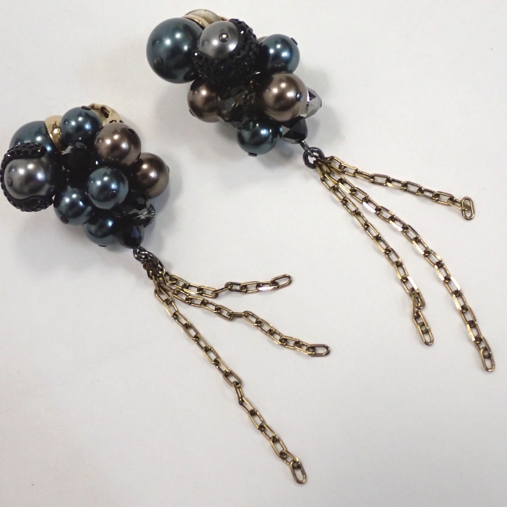 Th1013038 スワロフスキー イヤリング フェイクパール ラインストーン付き ネイビー×グレー系 SWAROVSKI 良好・中古