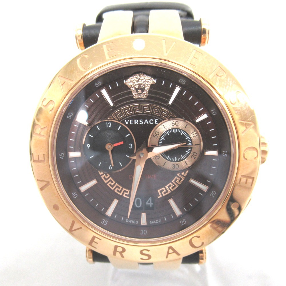KR118182 ヴェルサーチ 腕時計 クォーツ レザーバンド ブラウン系 ブイレース デュアルタイム VEBV00722 メンズ VERSACE 中古