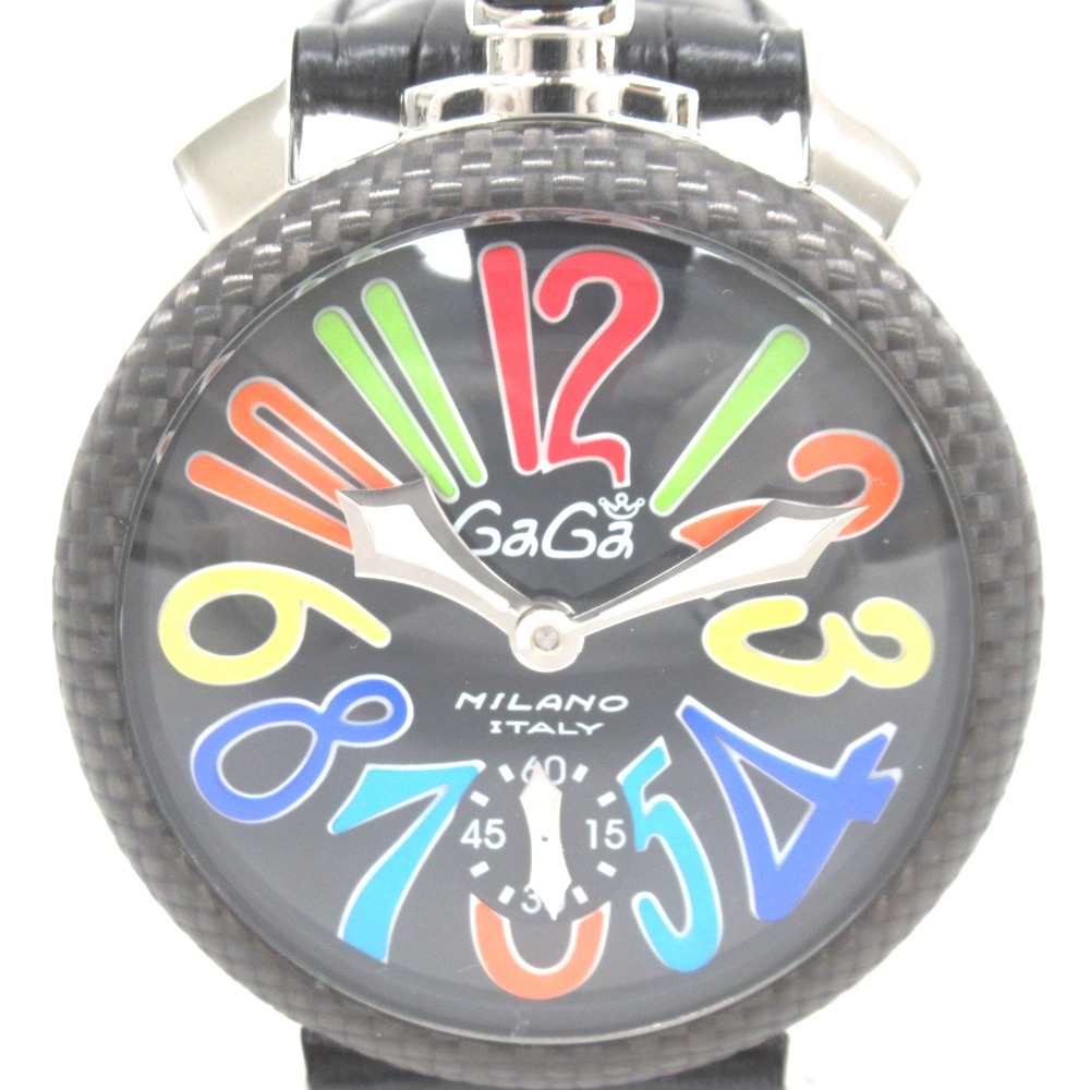 KR118185 ガガ・ミラノ 腕時計 手巻き レザーベルト ブラック系 マヌアーレ48mm マルチカラー 5015.01S-BLK Gaga Milano 中古