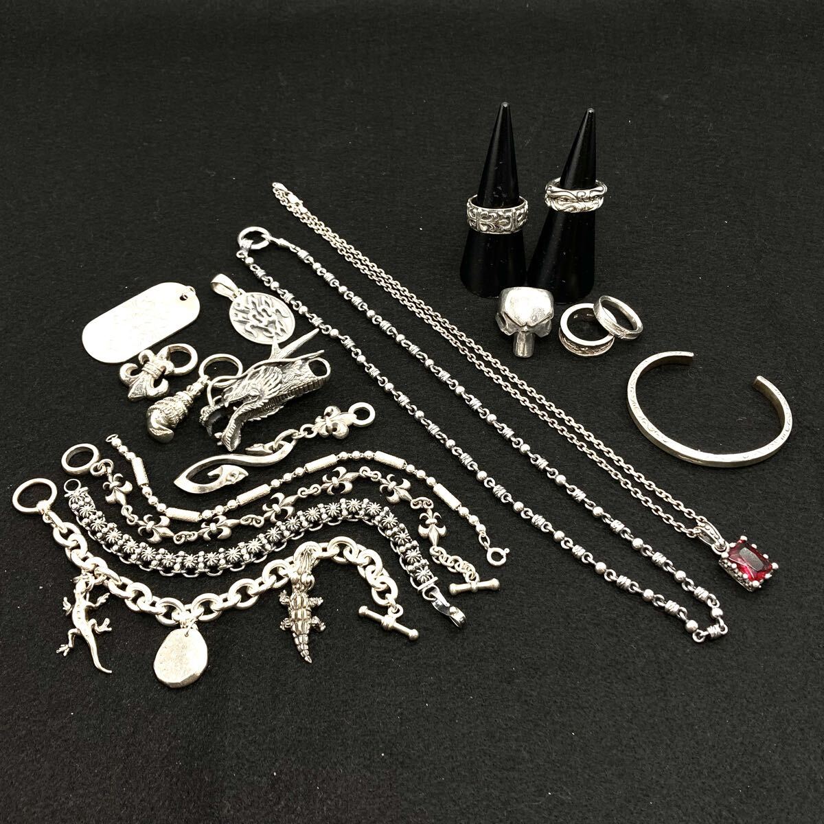 良品!!豪華!!■シルバーアクセサリーおまとめ■ m 約384.2g ネックレス ブレス リング メンズ ヴィンテージ 龍 スカル クロム C214