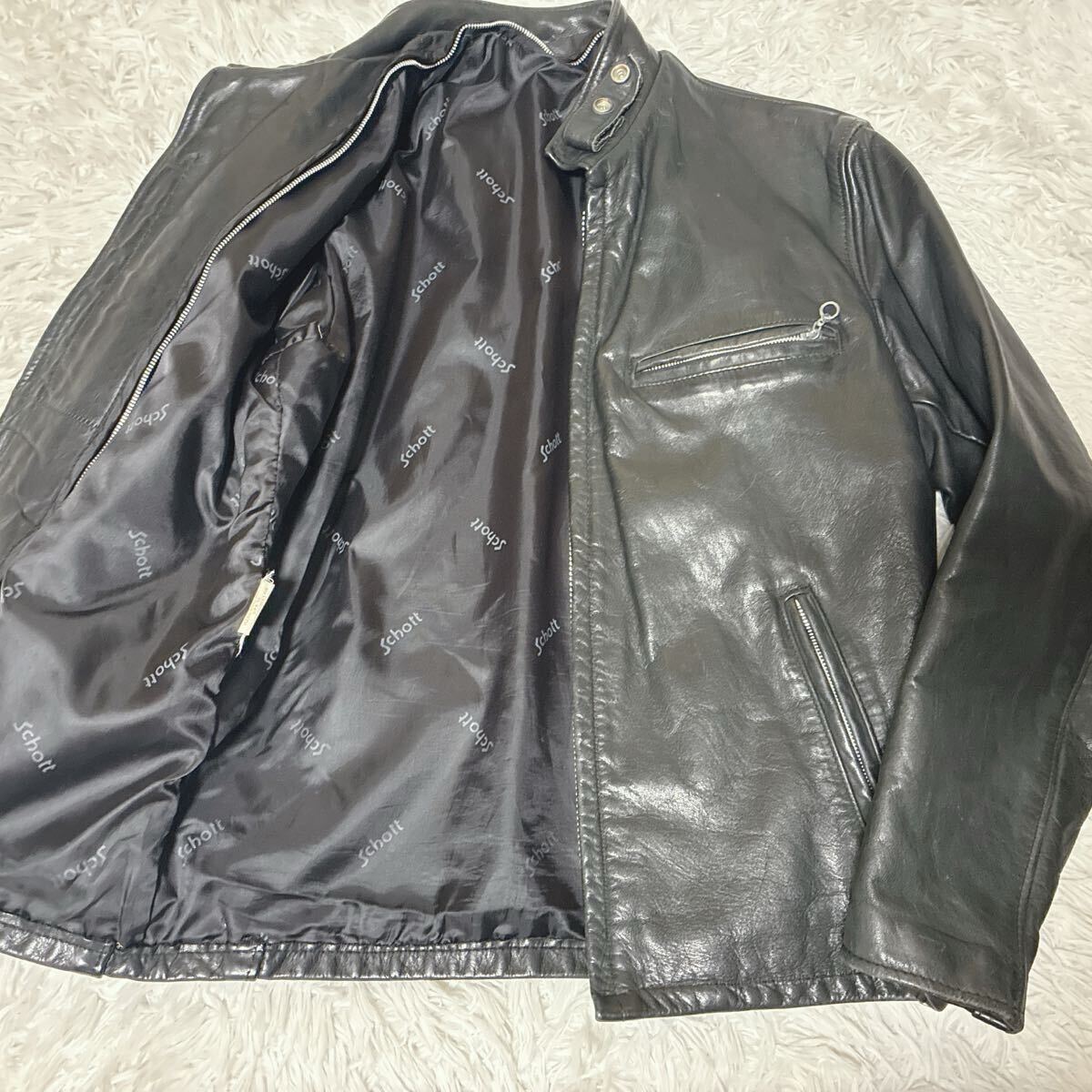 Schott ショット【漢の憧れ!!!希少ヴィンテージ!!!】ライダースジャケット 141 カウレザー 牛革 総柄ロゴ 黒 ブラック バイク メンズ 38