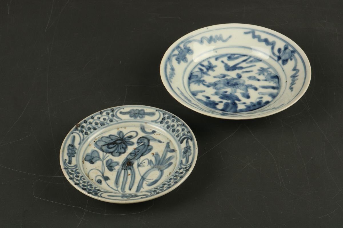 [URA]染付花鳥文皿2客/17-5-29　(検索)骨董/向付/皿/銘々皿/懐石道具/懐石料理/中国/古玩