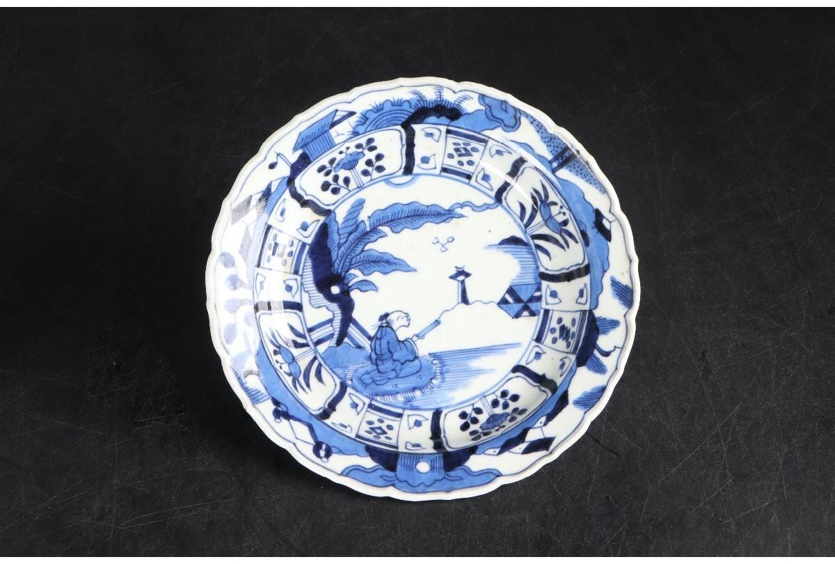 [URA]宣徳年製/染付賢人文輪花皿/9-5-178　(検索)骨董/食器/和食器/向付/小鉢/銘々皿/割烹/置物/懐石