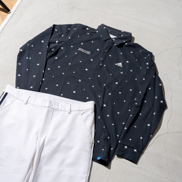 近年モデル　adidas ネイビー ドットパターン ゴルフシャツ　パンツセット
