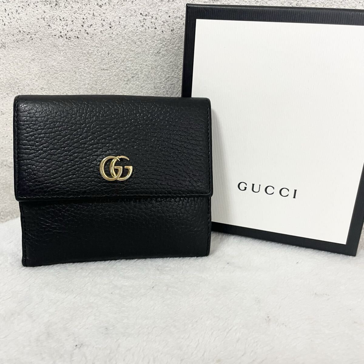 【贅沢品の極み】GUCCI グッチ　折財布　カードケース　コインケース　お札ケース　マーモント　GG　レザー　本革　ブラック　ゴールド