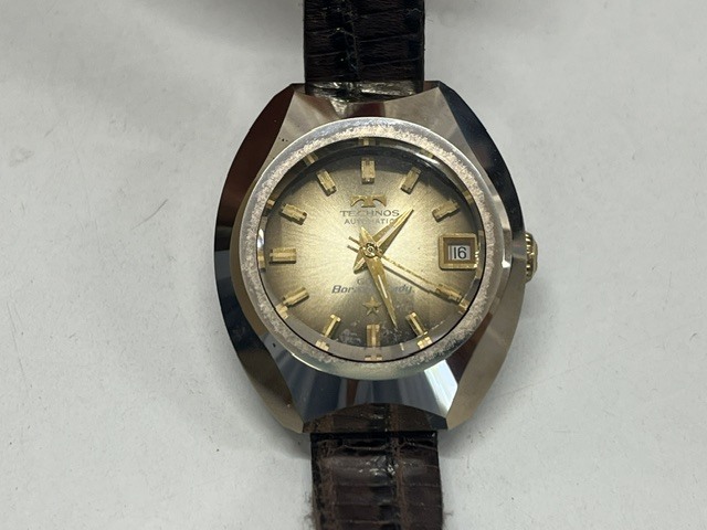 1円スタート!ECHNOS テクノス GOLD Borazon Lady 自動巻き レディース ゴールド 稼働品 社外ベルト デイト ゴールドボラゾン 現状品◆5-25