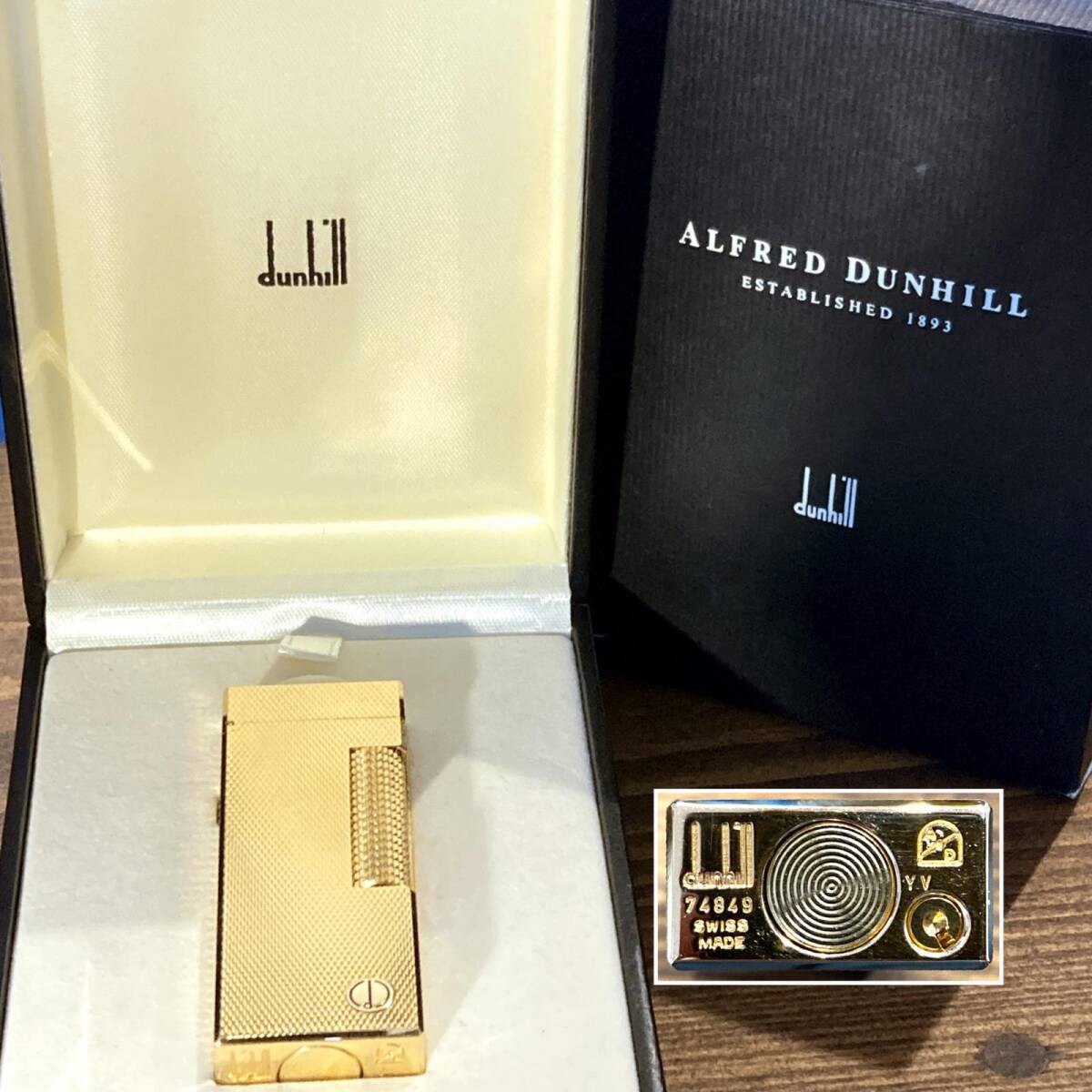 MP405) Dunhill ダンヒル バーレイパターン バーレイ柄 ローラガスライター RL1401 ゴールドカラー AD刻印あり 着火確認済み 箱付き