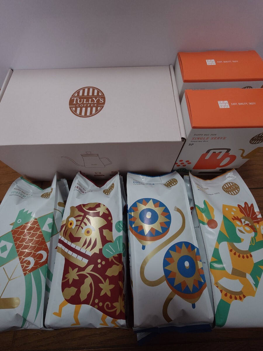 タリーズコーヒー 2026 HAPPY BAG★耐熱ガラスポット350ml＆ コーヒー豆 140g×3袋＆コーヒー粉140g＆シングルサーブアソートボックス×2箱