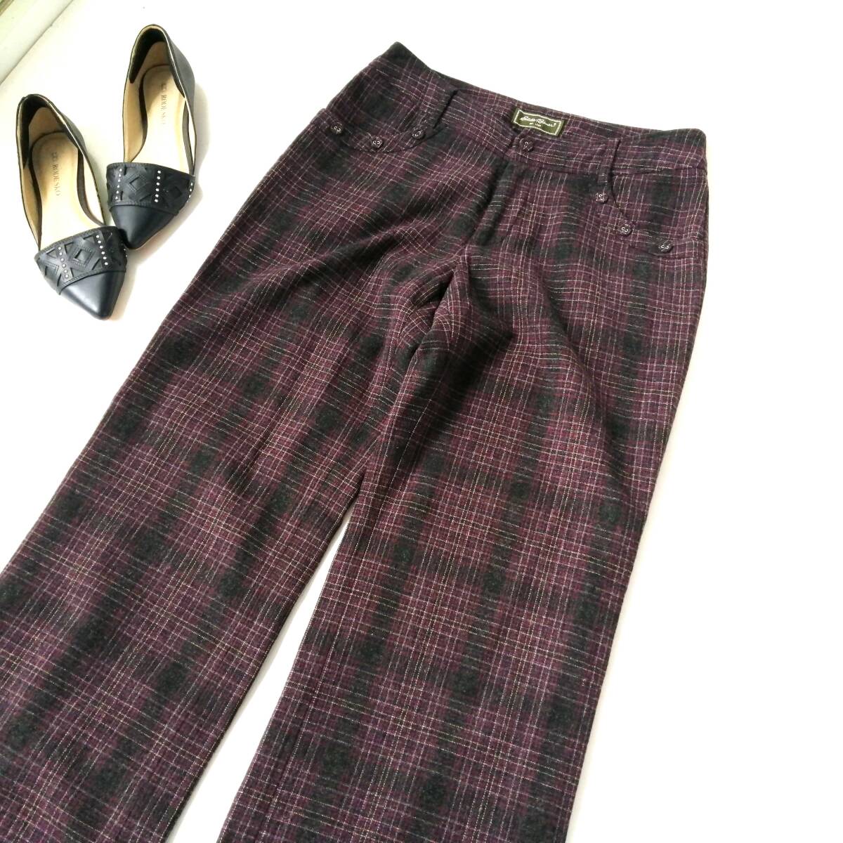 Eddie Bauar エディバウアー レディース♪ウールパンツ スラックス ワイドパンツ チェック柄 パープル系260508nm【4点同梱で送料無料】