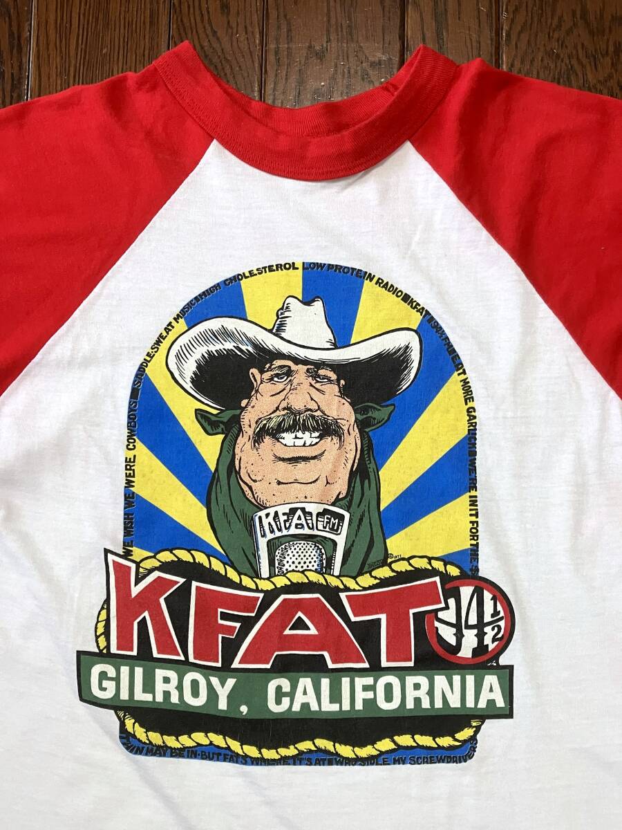 80s ビンテージ 7分袖 ベースボール Ｔシャツ Ｌ 白 赤 KFAT FM ギルロイ カリフォルニア ガーリック フェスティバル カントリー ブルース