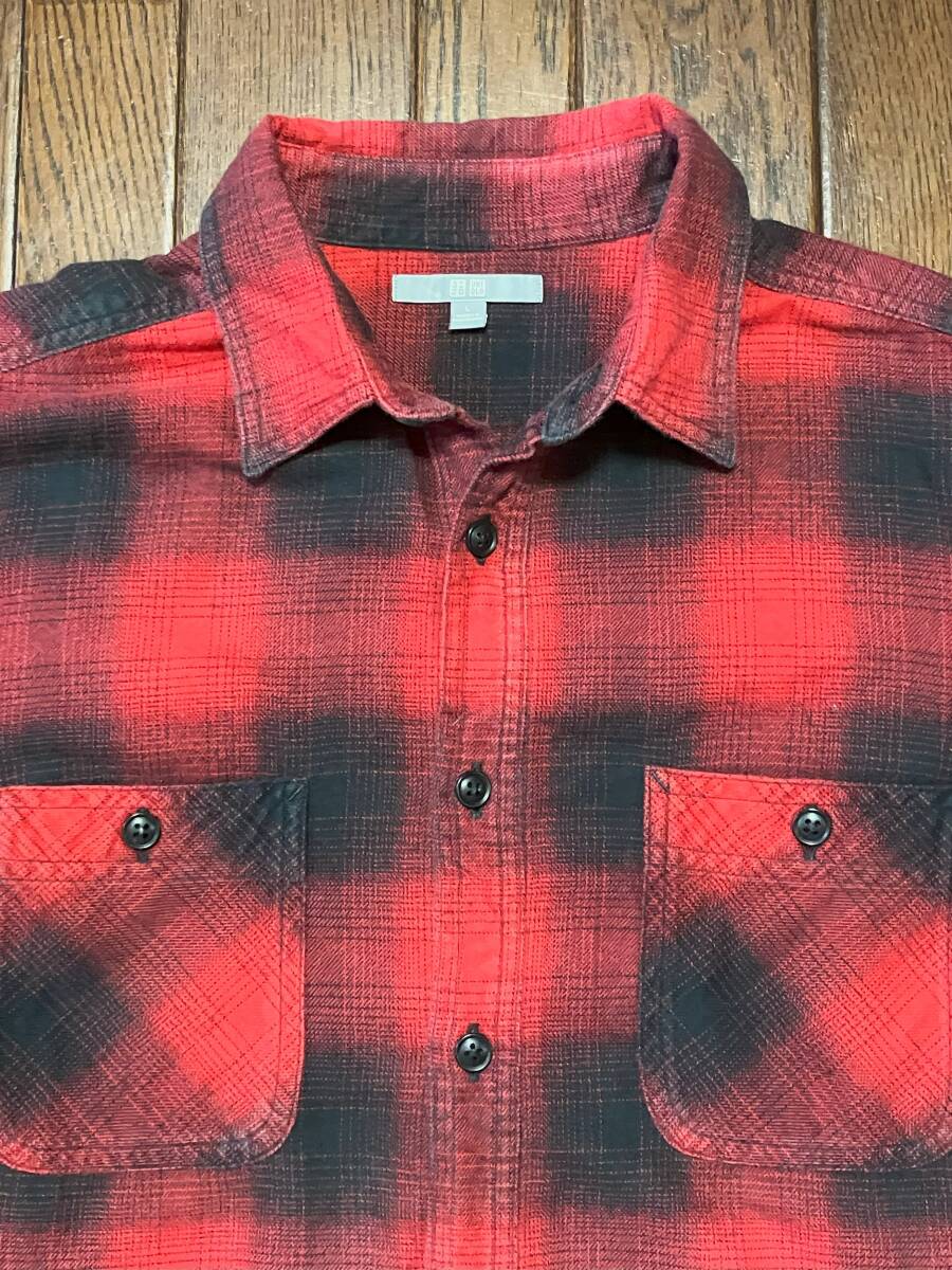 ユニクロ UNIQLO オンブレ チェック ネルシャツ L レッド 赤 シャドーチェック １００％コットン マチ付き ビンテージ スタイル