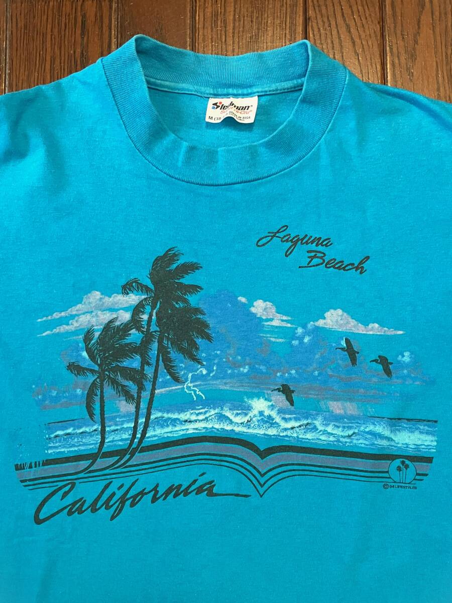 80s USA製 ビンテージ Steadman Hi-Cru ステッドマン ラグナビーチ カリフォルニア Tシャツ M 水色 シングルステッチ 80年代 アメリカ製