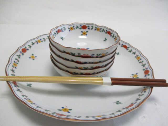 たち吉　花数奇　花絵　取り鉢揃　箸付き/　大皿　小鉢　