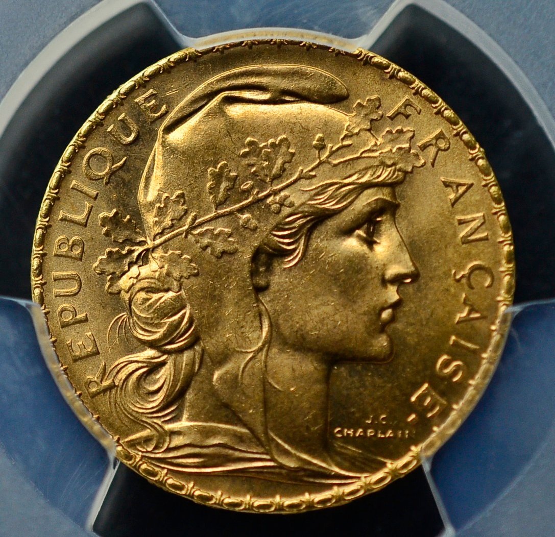 【PCGS-MS66】 1908 フランス 20フラン金貨 マリアンヌ・ルースター金貨 （1870~1940） アンティークコイン　世界3大女性シンボル金貨