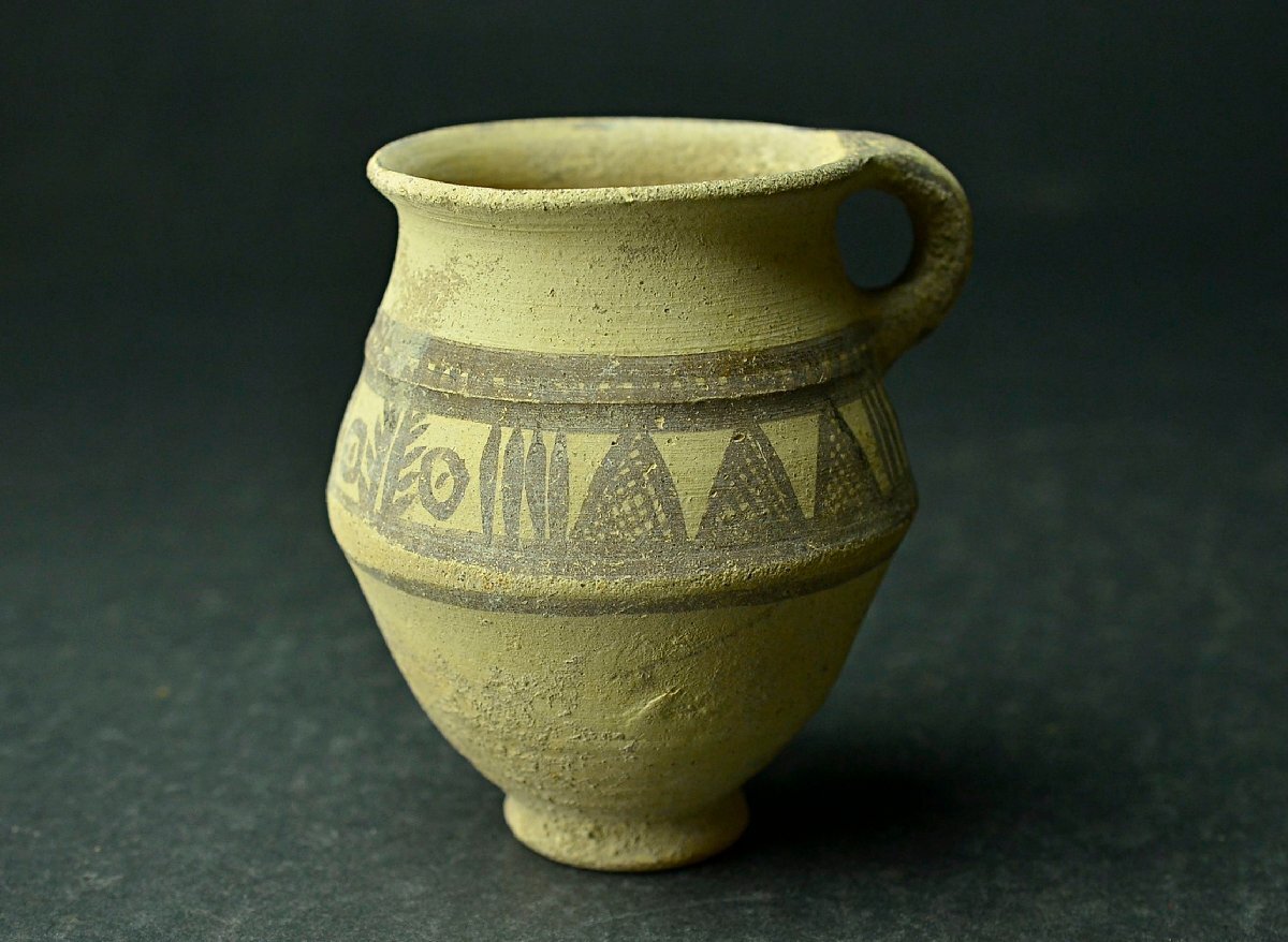 古代イラン・ネイシャーブル加彩幾何学紋水差・土器 10世紀頃 ★【YB】発掘出土古代ギリシャローマ26Y469-2