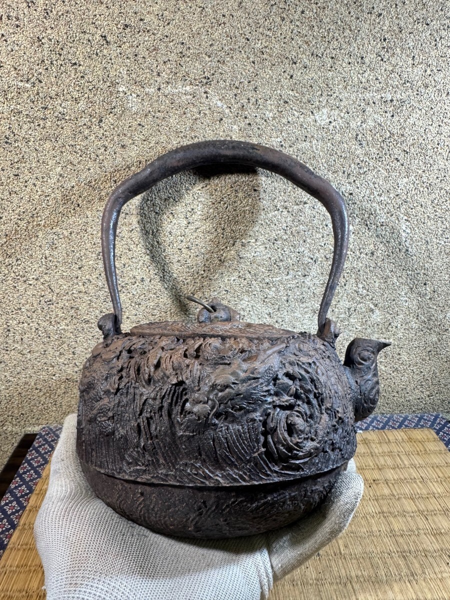 雲龍　龍文堂　上田照房　雨龍　鉄共蓋　釜師　蝋型　明治時代 鉄瓶 煎茶道具