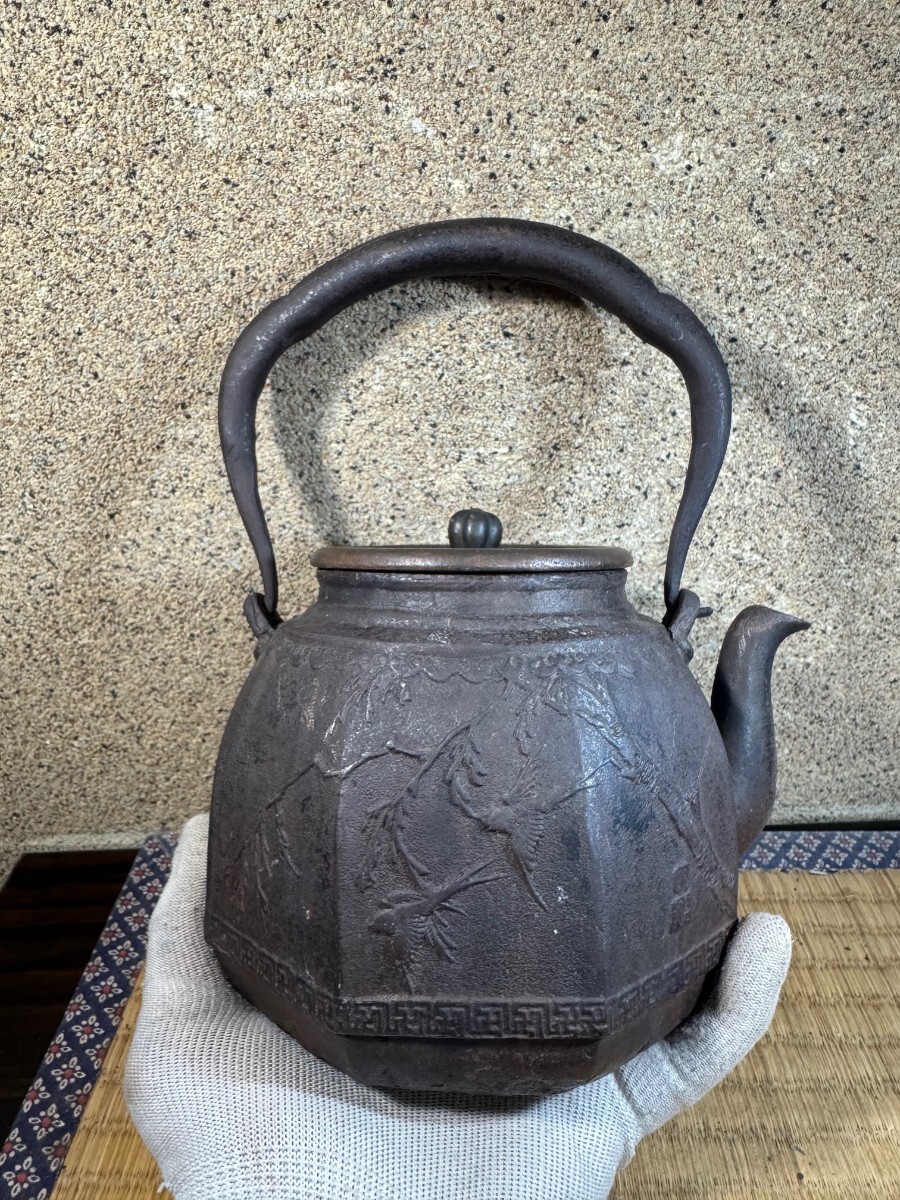 龍文堂　大国　寿朗　八角　花鳥　漢詩　 明治時代 鉄瓶 煎茶道具
