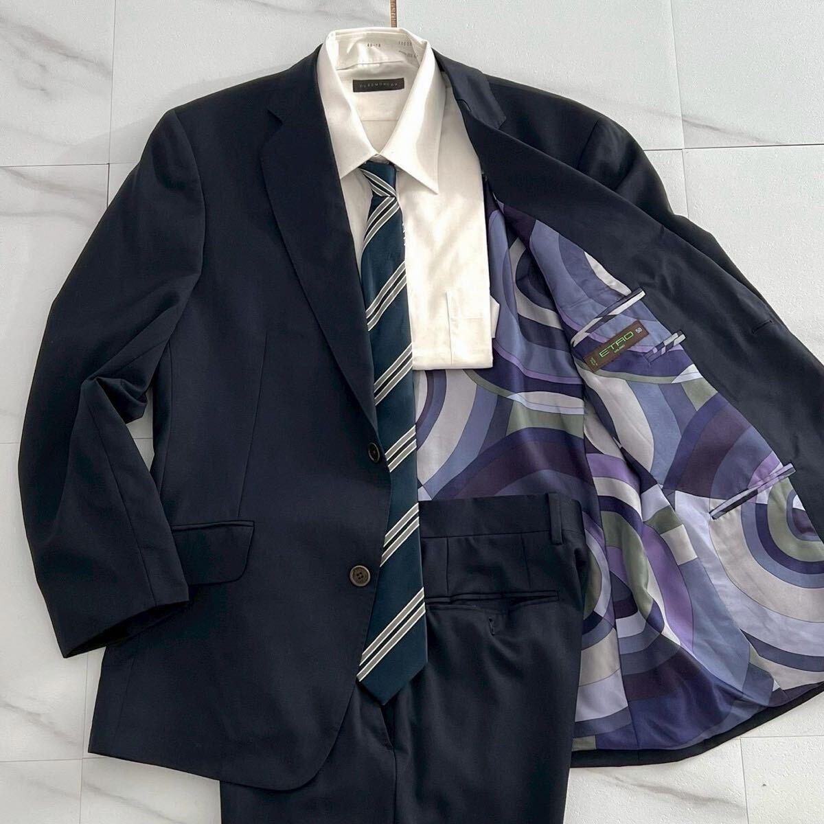 美品 XLサイズ 50 ETRO エトロ スーツ セットアップ ネイビー 青 総柄 ペイズリー ビジネス 2B シングル メンズ 紳士服 シルク混 通勤