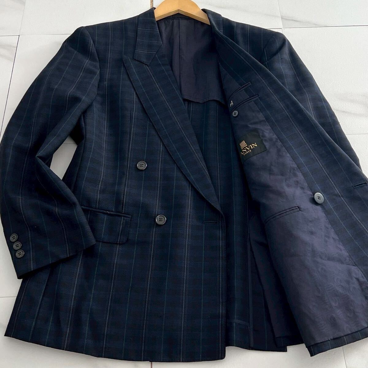 美品 Lサイズ 48R LANVIN PARIS ランバンパリス テーラードジャケット 紺ブレ ダブル ネイビー 青 アンコン ストライプ メンズ 紳士服