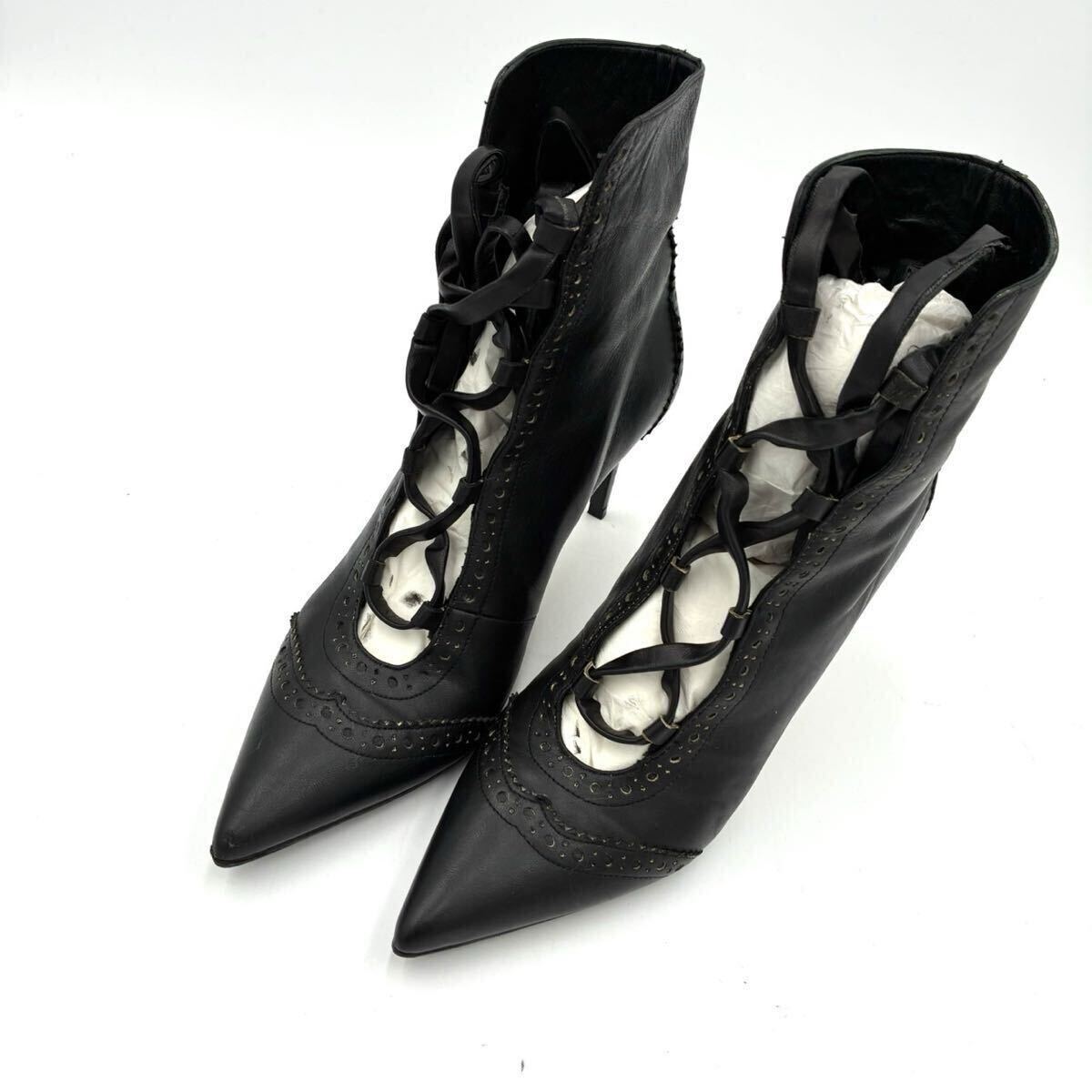 【激レア】 ミュウミュウ miumiu レースアップ ブーツ レザー 黒 37 23.5cm ポインテッド
