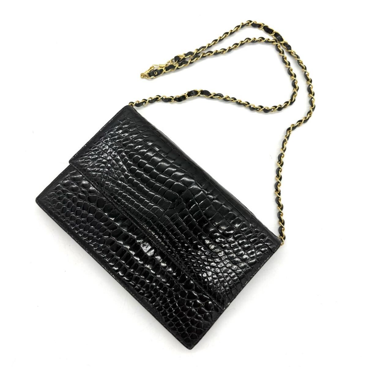 【美品】 クロコダイル チェーン ショルダーバッグ ブラック 黒 ゴールド金具 鰐革 エキゾチックレザー