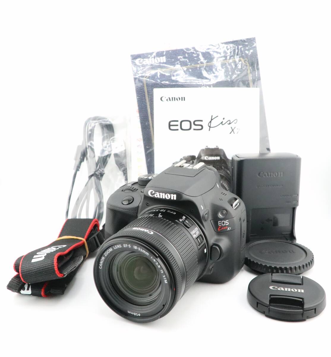★美品★ショット数812回★キヤノン CANON EOS Kiss X7 + EF-S 18-55mm F3.5-5.6 IS STM 充電器・説明書・ストラップ付★　W0520＃4942