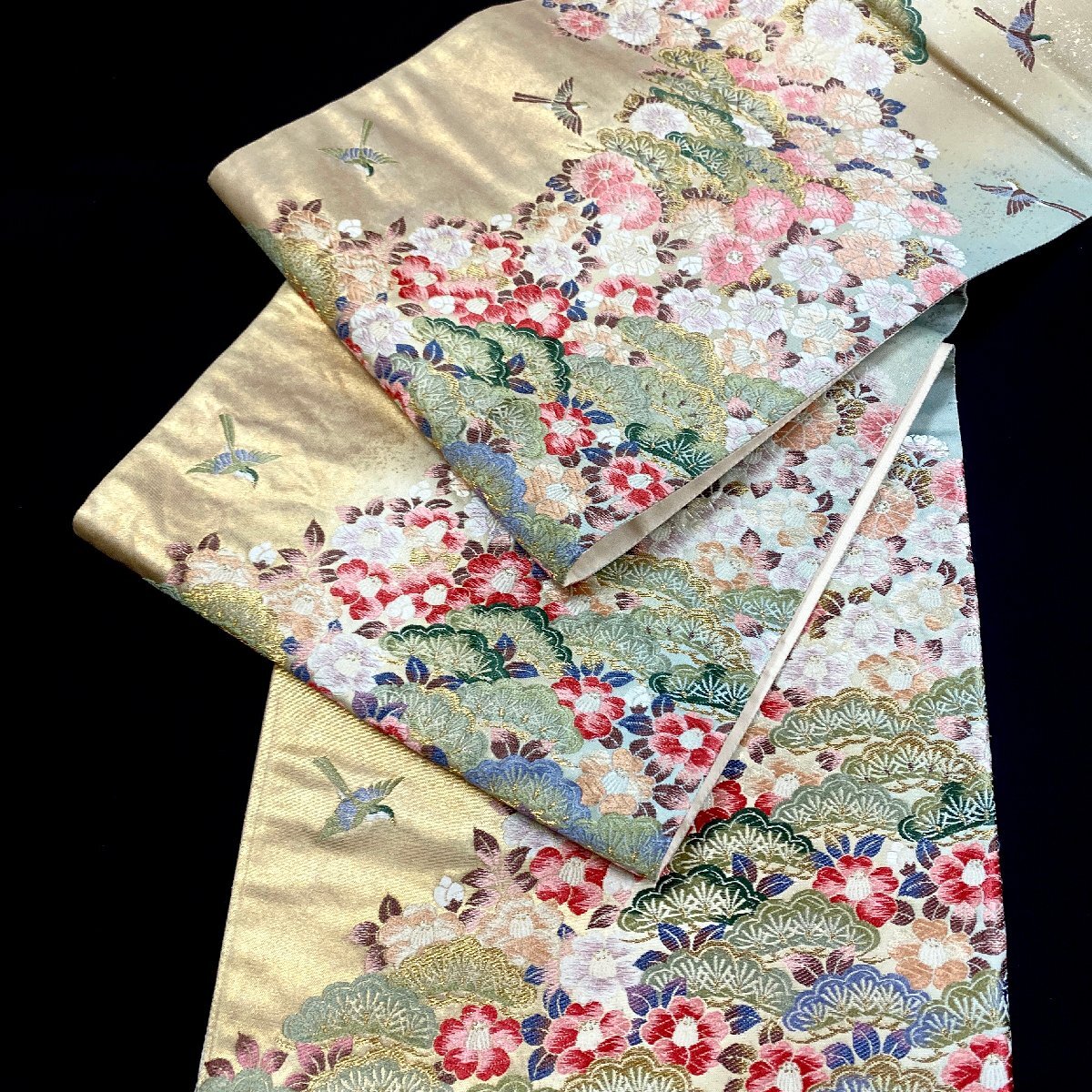 着物月花 唐織 引箔 花鳥文様 袋帯 六通柄 正絹 金糸 ob9682