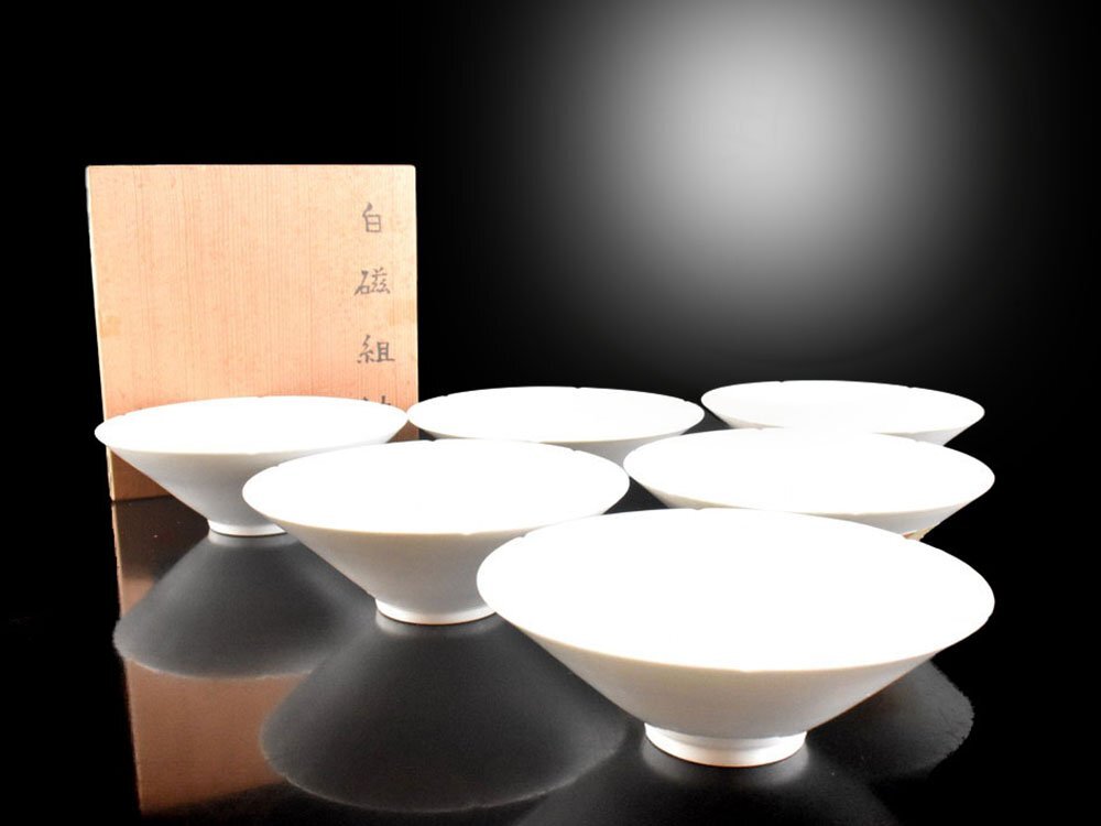 【雲】某有名収集家買取品 白磁 浅鉢 茶碗 6客 箱付 古美術品(煎茶道具 懐石料理道具 汲出碗)BY6899 LTcfrw