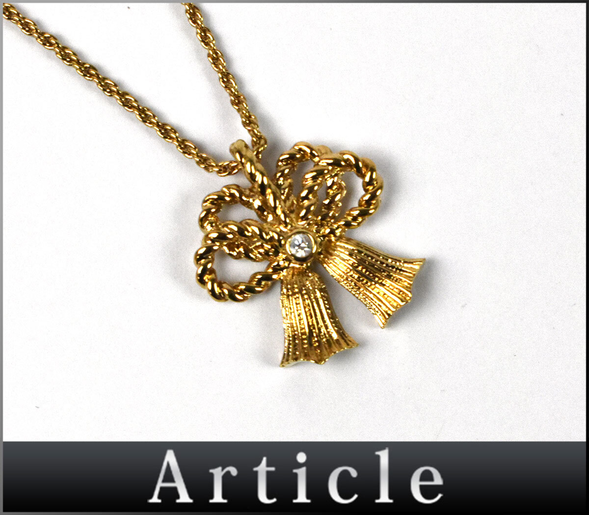 503206〇美品 Christian Dior クリスチャン ディオール リボン ペンダント ネックレス アクセサリー ラインストーン ゴールド/ E
