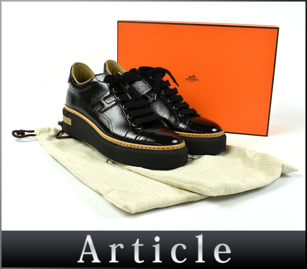 254854◆美品 HERMES エルメス Hロゴ ポロ スニーカー シューズ 靴 24.5cm パテントレザー ブラック 黒 レディース 箱付/ F