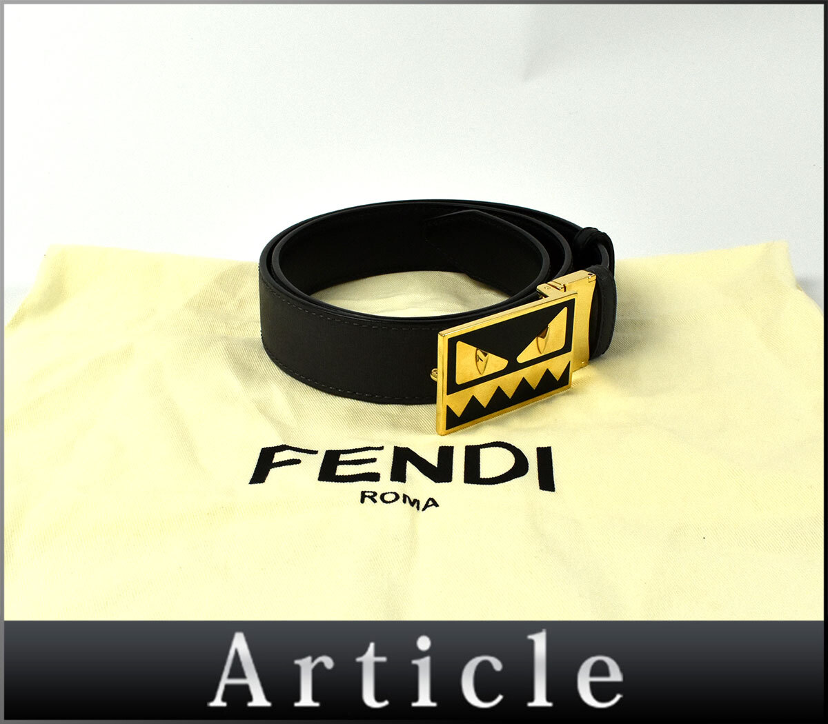 253965〇美品 FENDI フェンディ モンスター リバーシブル ベルト レザー 革 メタル グレー ブラック ゴールド 保存袋付 小物/ G