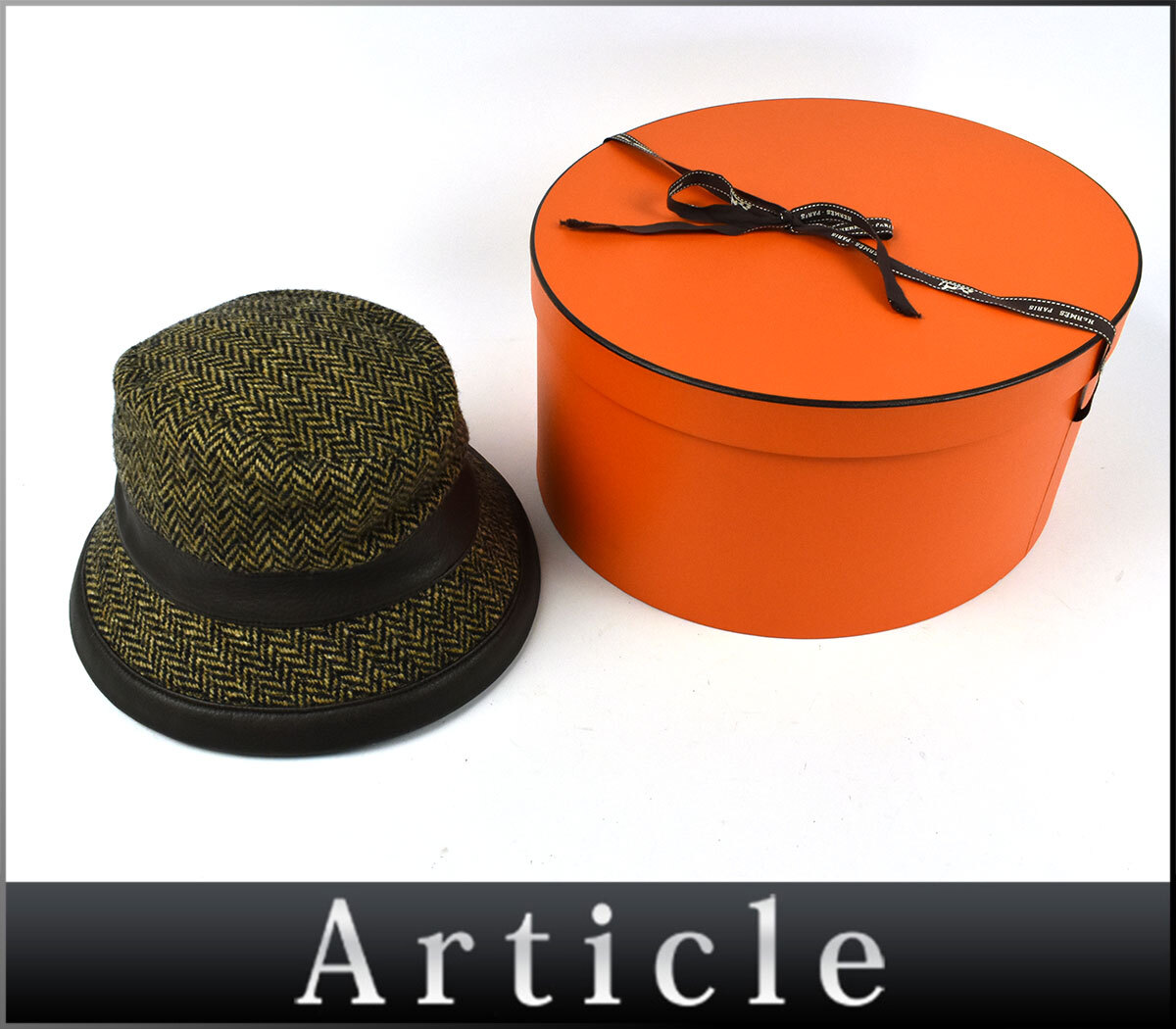 254082〇 HERMES エルメス ハット 帽子 58 ウール カシミヤ レザー 革 ベージュ ブラウン ヘリンボーン ファッション小物 箱/ Z