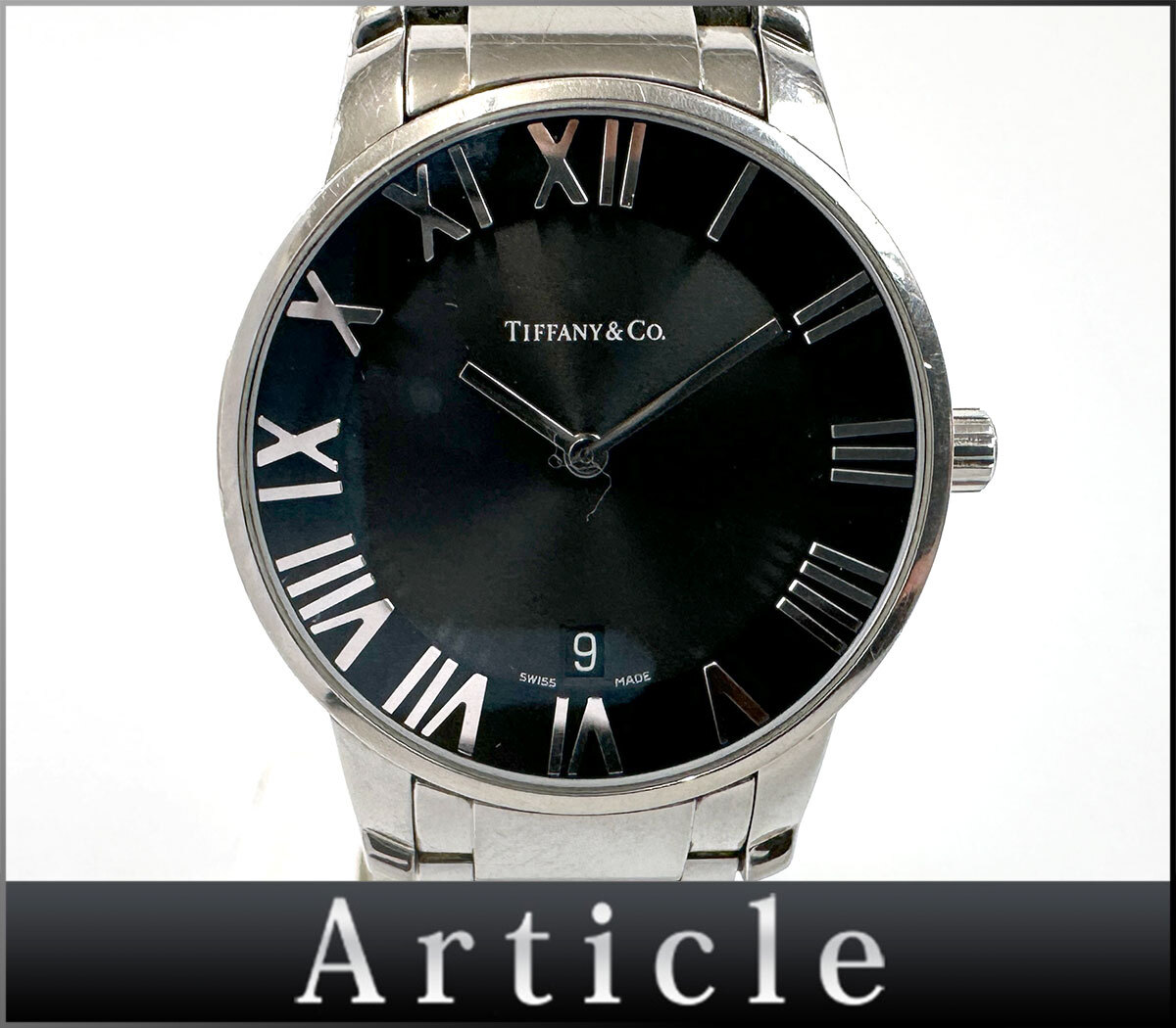 253537◇動作確認済 Tiffany&co ティファニー アトラス 腕時計 クォーツ デイト 2針 ローマン アナログ SS ブラック シルバー メンズ/ D