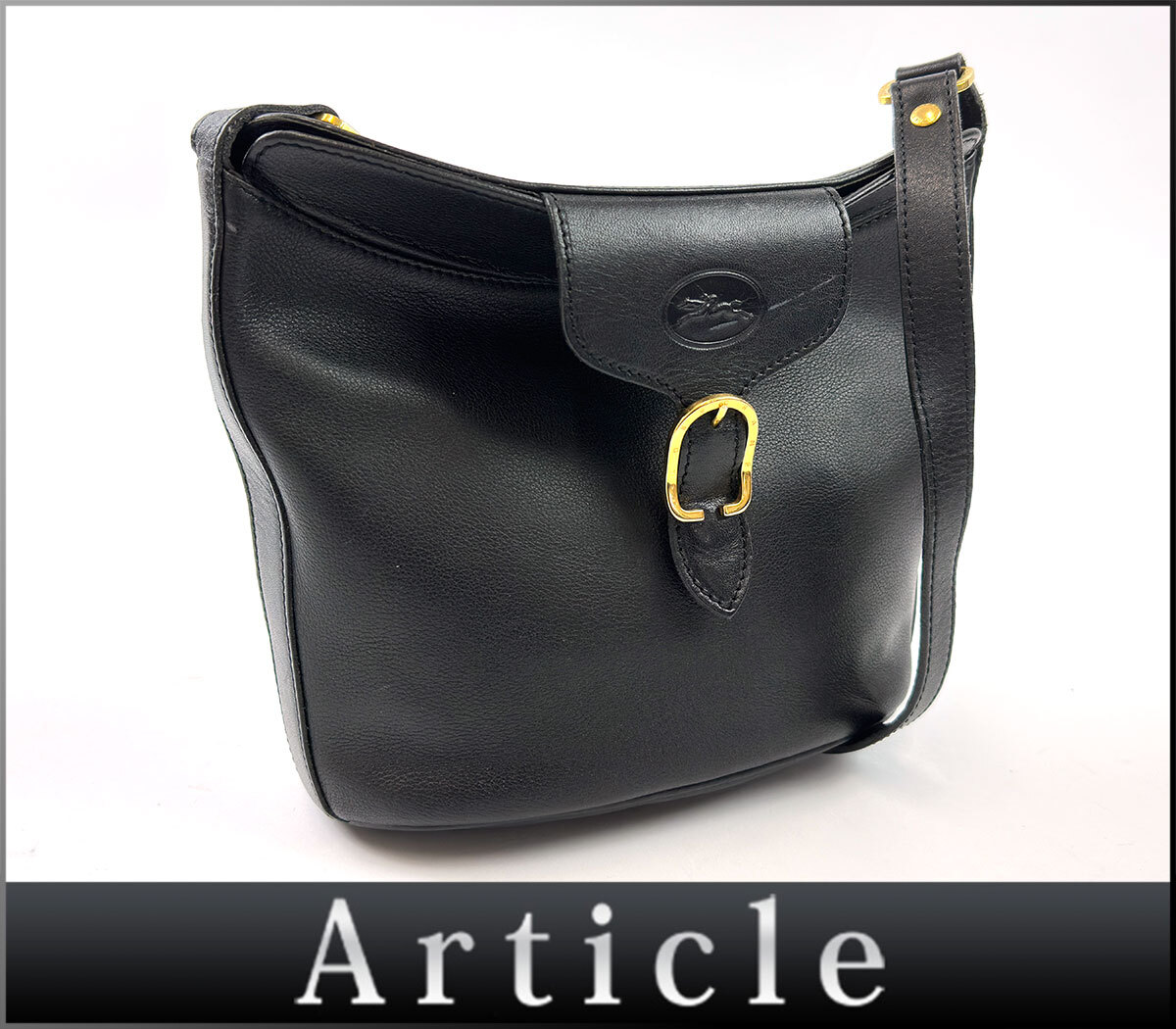 255046◇ LONGCHAMP ロンシャン ショルダーバッグ 斜め掛け バッグ ポシェット レザー 革 ブラック ゴールド金具 無地 レディース/ B