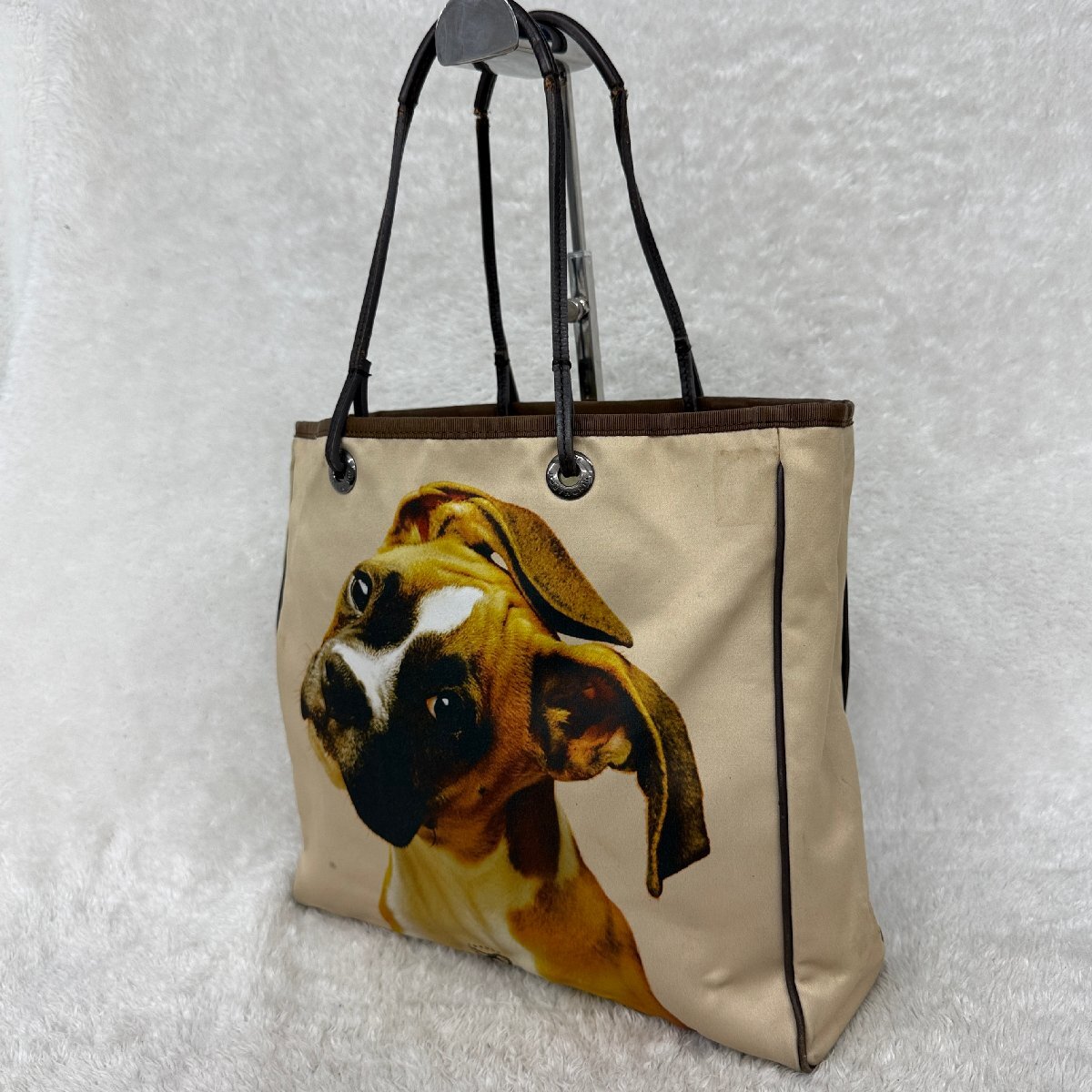 1円1スタ アニヤハインドマーチ トートバッグ 犬 持ち手ダメージ ベージュ キャンバス レディース【参考価格￥16000-】