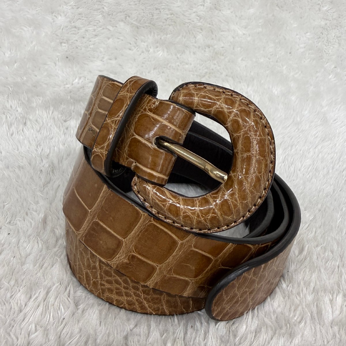 1円1スタ ヴィンテージ ベルト クロコダイル風 型押し ライトブラウン レザー レディース 【参考価格￥15000-】