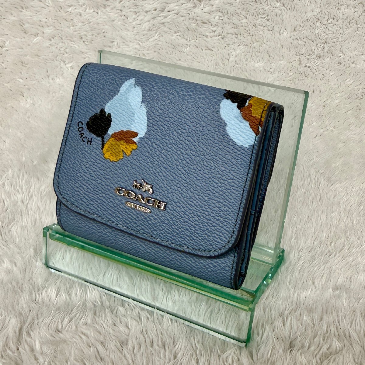 1円 1スタ COACH コーチ 二つ折り財布 内側剥がれ激しい ブルーグレー系 レザー レディース 【参考価格￥24,200-】