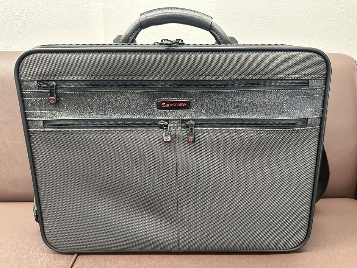 【美品/良品】サムソナイト Samsonite ビジネスバッグ ブリーフケース 2WAY グレー ナイロン×レザー A4収納 PC対応 出張 通勤【送料一律】