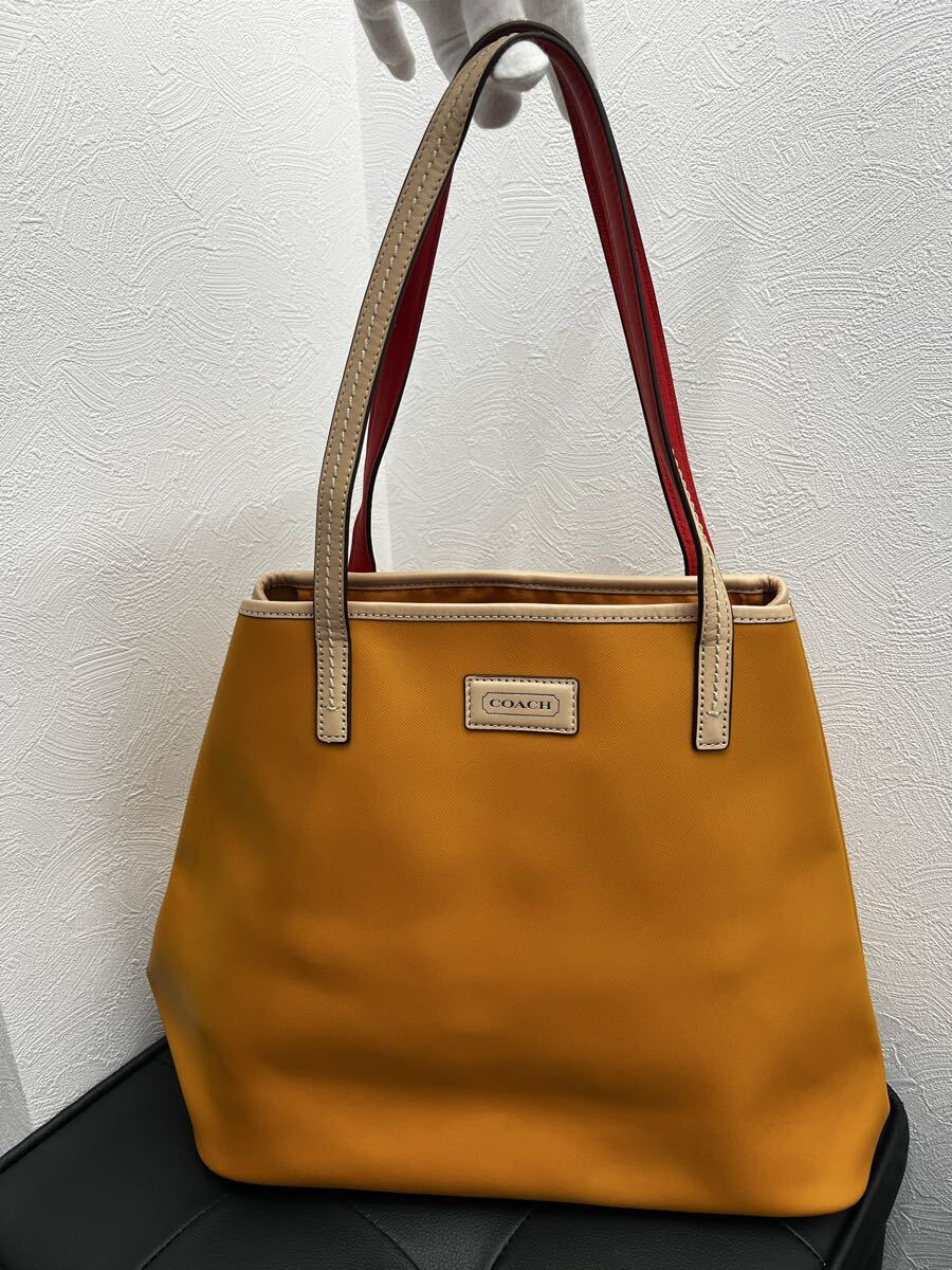 【美品】 コーチ COACH トートバッグ レザー ナイロン ベージュ オレンジ 肩掛け バッグ A4 ハンドバッグ キャンバス