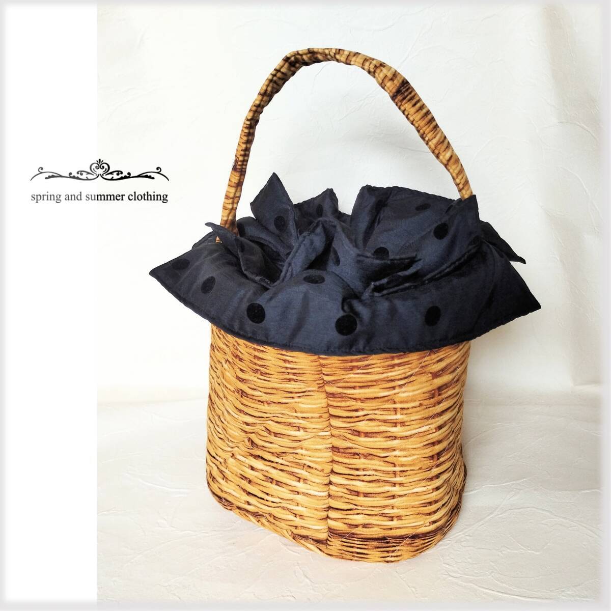 ＊ mimi ミミ ＊オリジナル ハンドメイド♪ bigフリル…☆ かご風 ラタン プリント バスケット バッグ♪ドット バケツ型 レディース S19