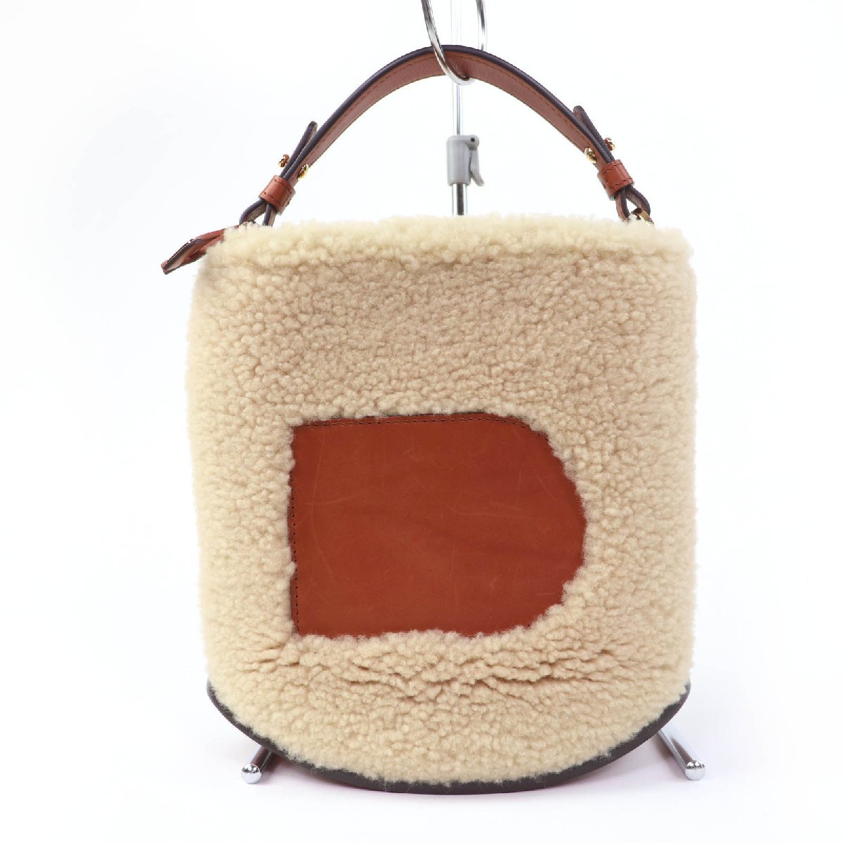 美品☆DELVAUX デルヴォー AA0607BRZ0 ピン ミニ バスケット テディ レザー使い ムートン ハンドバッグ ベージュ 箱・保存袋付き