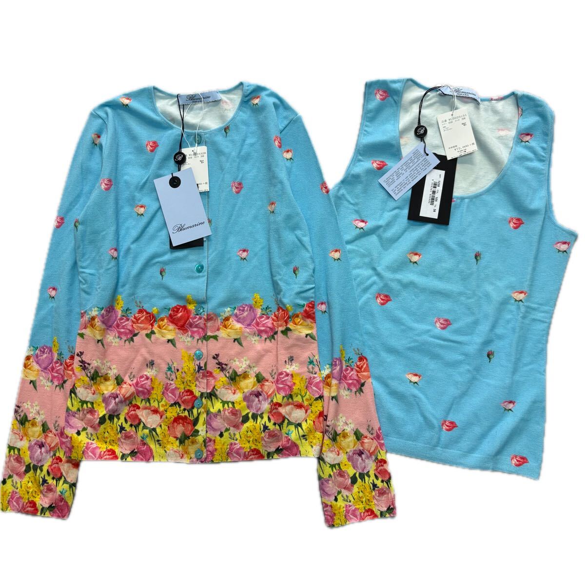 A ■ 未使用 '定価 約24万円' イタリア製 Blumarine ブルマリン 花柄 総柄 アンサンブル ニット カーディガン タンクトップ 38 トップス