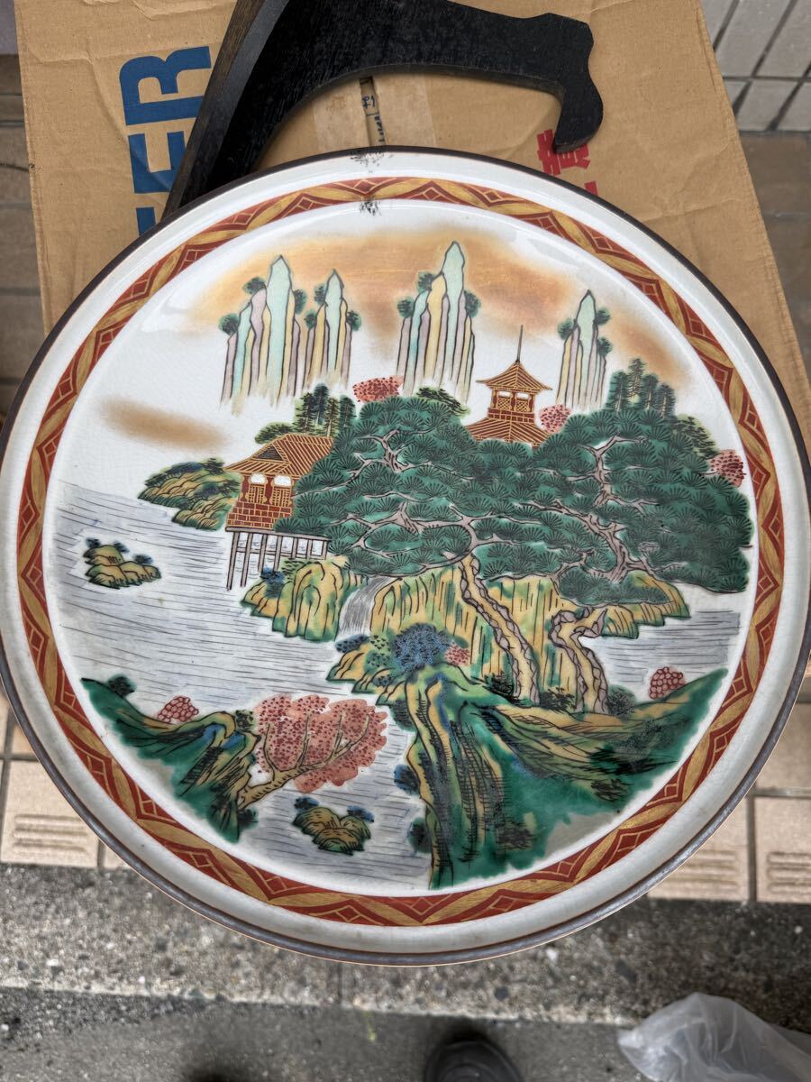 九谷焼 色絵金彩 山水楼閣図 大皿 飾皿 角福印 福銘 古九谷風 時代物 骨董 和食器