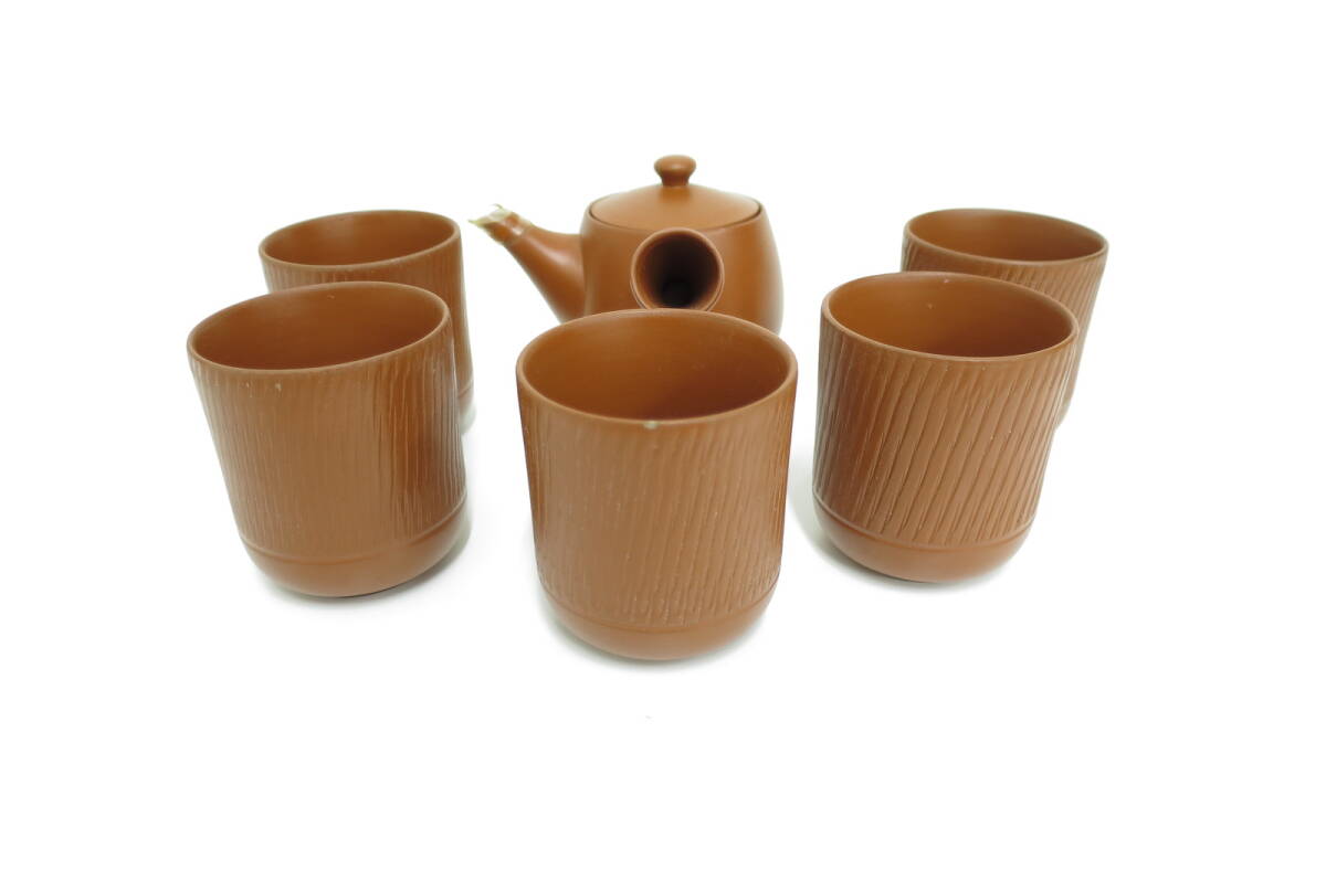 食器祭 ノーブランド 常滑焼 朱泥 急須 湯 5客セット 未使用保管品 付属品なし 茶器 番茶器揃 湯呑 欠け有 