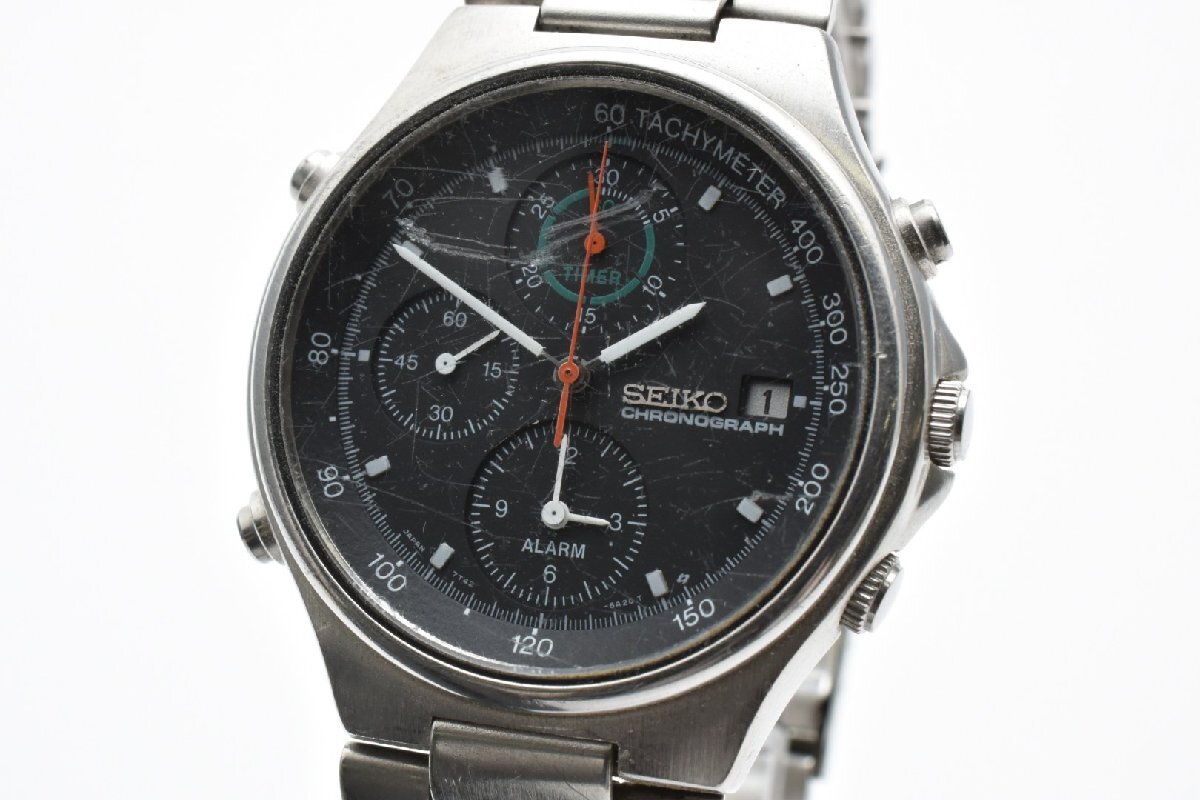 SEIKO セイコー 7T42-6A10 ブラック クロノグラフ ラウンド ステンレス 10BAR Quartz 腕時計　黒文字盤　ヴィンテージ