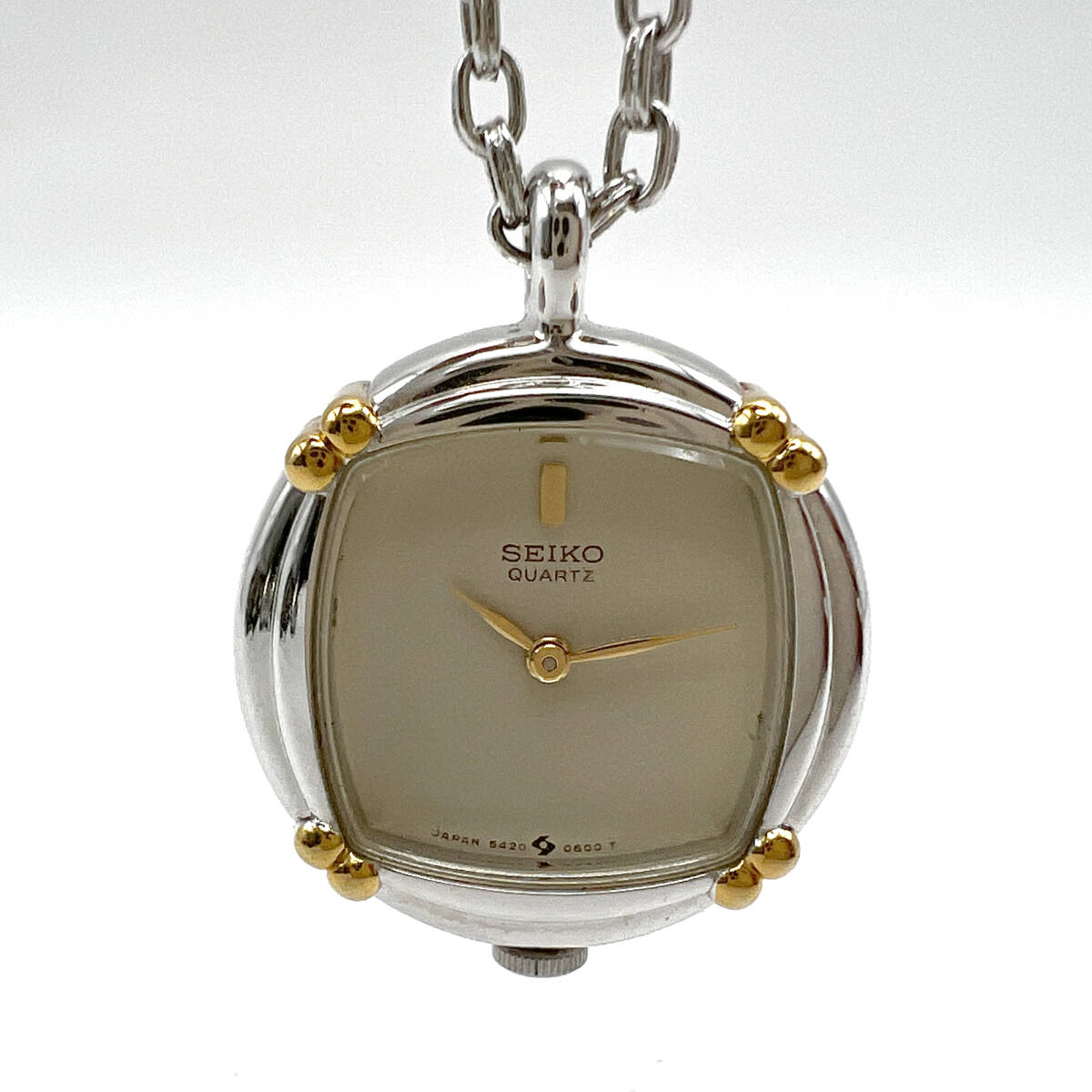 【稼働・電池交換済み】SEIKO セイコー クォーツ 懐中時計 ペンダントウォッチ 5420-0600 チェーン付き ヴィンテージ レディース (B6)